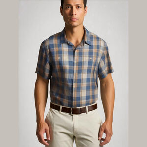 Grayers XL Plaid Button Down Shirt, 100% Cotton, Blue Beige Peach